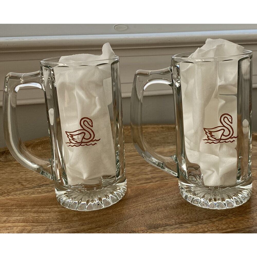 Set Of Two 11 Ounce Vintage glass Beer Mugs With Swan Emblem